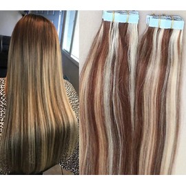 Hair Faux You 20 inch Tape in Hair Extensions Real Human Hair, 100g,40pcs, Glue in Extensions, Silky Straight Remy Hair Color #4/613 Dark Brown with Platinum Blonde Highlighted