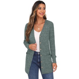 GRECERELLE Cardigan for Women Open Front Button Down Ribbed Knit Lightweight Ladies Sweater V Neck Long Sleeve Outerwear Blue Green-L