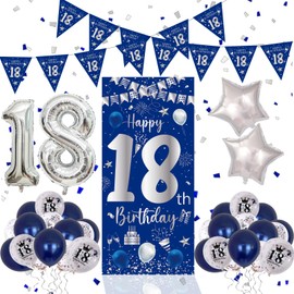 18th Birthday Decorations Blue and Silver, 18th Birthday Party Decorations for Boys Girls,18th Birthday Balloons Banner, 18th Birthday Door Wall Birthday Banner
