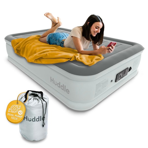 Huddle Luxury Air Bed with Patented Dual Pump SlumberGuard™ Premium Technology | Self-Inflation and Anti-Deflate Airbed Tech | Comfort Inflatable Air Mattress | Full Size