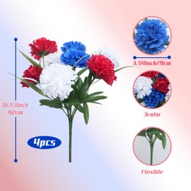 VirtuGro 4 Bundles Artificial Patriotic Flowers 4th of July Red White and Blue Flowers Fake Ball Chrysanthemum Silk Flowers Arrangement Memorial Day for Cemetery Vase Home Centerpieces(17INCH)