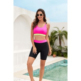 2024 Spring Summer Sun Protection Beach Shirts for Women with Bra Cups Two Piece Set Long Sleeve Bathing Suit with Boyshort Rose Red XL