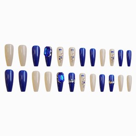 MISUD Press on Nails Long Coffin Fake Nails Glossy Glue on Nails Royal Blue Acrylic Nail Supplies Ballerina Artificial Nail Art Luxury Rhinestone Stick on False Nails with Design DIY 24 pcs