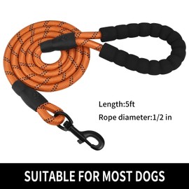 Panykoo 5/6 FT Strong Pet Dog Leash with Soft Padded Handle,Highly Reflective Rope for Night Walking,360-Degree Rotating Metal Buckle Without Tangles,Suitable for Small,Medium and Large Dogs.(5ft)