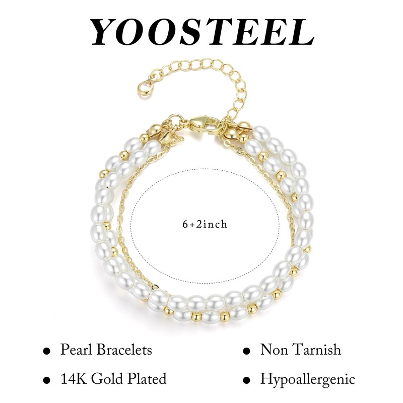 Yoosteel Three Layer Pearl Bracelets for Women, Dainty Beaded Pearls