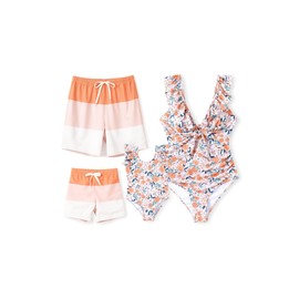 PATPAT - Traje de baño familiar a juego para mamá y mí de una sola pieza con tirantes y volantes, Estampado naranja Ditsy, 2 Años