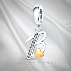 KUNSIR 925 Sterling Silver Alphabet Initial Charms Letter Complete A-Z Letters Solid Silver Cubic Zircons Beads Alphabet Beads Dangle Pendants for European Bracelet Necklace Women