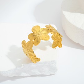 WOWORAMA Gold Flower Bracelet for Women Wide Floral Chunky Cuff Bracelets Vintage Boho Daisy Flower Bracelet Matte Gold Statement Bangle Bracelet