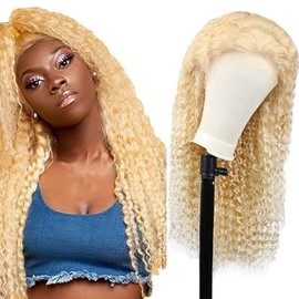 Lakaisa Lace Front Wig Human Hair Wig Glueless Wig Wear and Go Curly Wig 4 x 1 HD Lace Wig Real Hair Wig Blonde Natural Brazilian Remy Hair 180% Density No Smell for Women 22 Inches