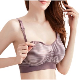 Dress Cici Stripe Shrimp Red +Stripe Purple Hands Free Breastfeeding Nursing Bra for Large Breast, Front Clip Maternity Pregnancy Bras Asia Size XL, 2 Pack