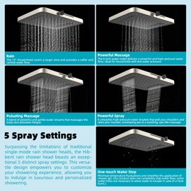 Hibbent Rain Shower Head, 13'' High Pressure Rainfall 5 Spray Mode Showerhead with 16" Shower Head Extension Arm, Brass Adjustable Shower Arm Extender, Waterfall fixed Showerheads, Brushed Nickel