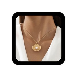 Erimberate Bohemian Pearl Shell Choker Necklace Large Pearl Scallop Pendant Necklace Gold Metal Clam Shell Necklaces Minimalist Seashell Chain Necklaces Jewelry for Women