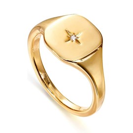 Gold Plated Engraved Signet Ring with Star | Lightweight Thick Statement Rings for Women | Everyday Jewelry (Golden, One size)