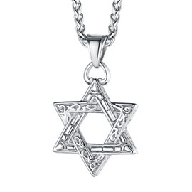 FaithHeart Megan Star of David Necklace Men Vintage Jewish Jewelry Stainless Steel Israel Pendant the Testament of Solomon Seal Amulet-Silver