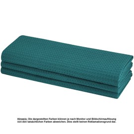 Daloual 3 x Tea Towels, 100% Cotton, Waffle Piqué Kitchen Towel, Cleaning Cloth, Teal / Petrol