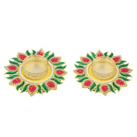 Set of 2 Decorative Mat Rangoli with T-Light Candle Holder Stand for Indian Traditional Decorations Made up of Golden Embrodaries for Gifting Idea (Size:- 4")(Colour:- Yellow)