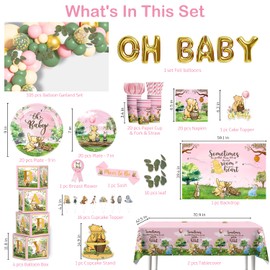 cocomigo 266PCS Pink Winnie Baby Shower Decorations Set, All-in-One Party Supplies Pack with 20 Plates, Classic Winnie Cupcake Stand, Cupcake Toppers Backdrop for Baby Shower Themes Girls