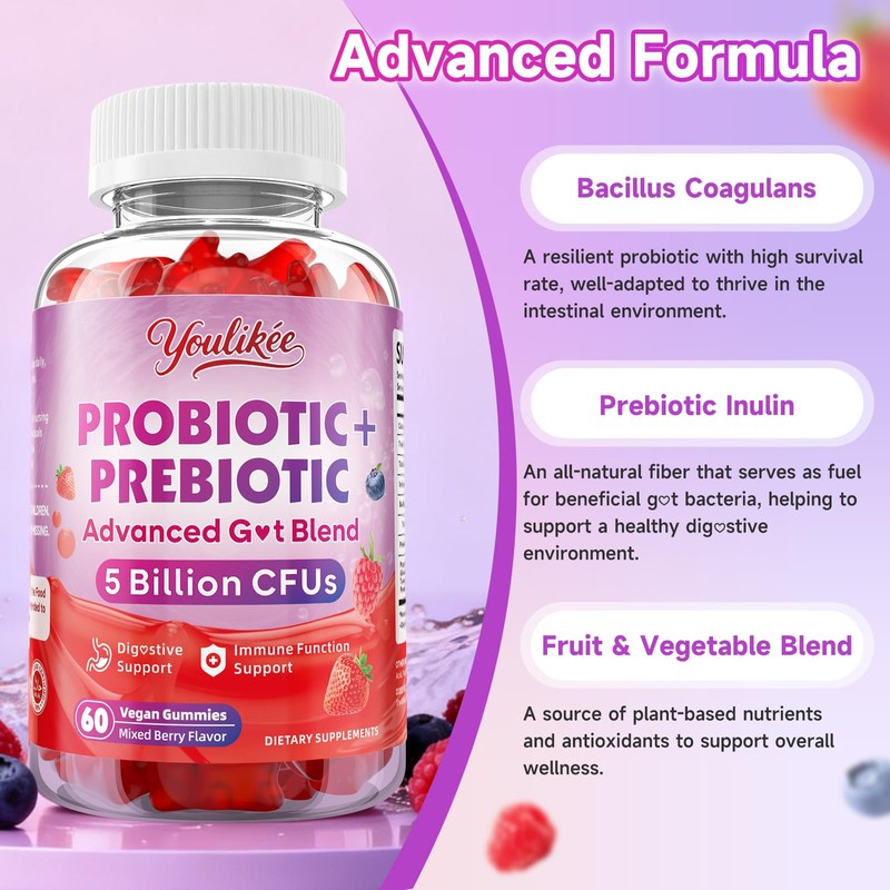 Youlikee 2 Pack Prebiotic + Probiotic Gummies, 5 Billion CFUs