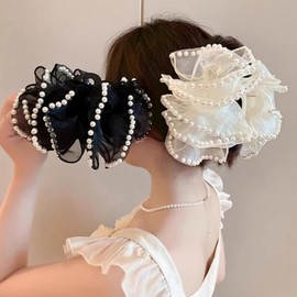 2Pcs Bow Pearl Hair Claw Clip for Thick Hair Oversized Bowknot Claw Clips Elegant Pearl Hairclips Hair Accessories for Women (white+black, One Size)
