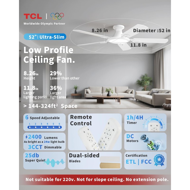 TCL 52" Low Profile Ceiling Fan with Light, Slim, White,