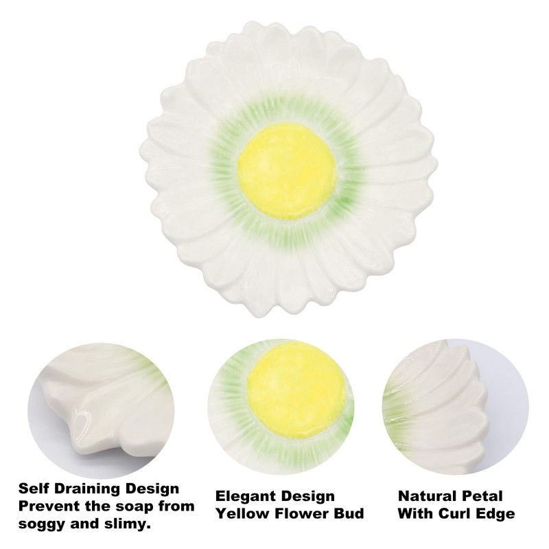 Self Draining Soap Dish Inspired by Daisy Flower Ceramic Waterfall