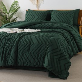 Litanika Full Size Comforter Set with Sheets Dark Emerald Green - 7 Pieces Bed in a Bag Full Chevron Tufted Complete Beddding Sets with Comforter, Sheets, Pillowcases & Shams