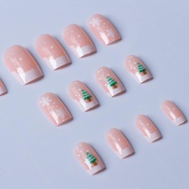 Christmas Press on Nails Short Square Acrylic Glossy Full Cover Square Shaped Winter French False Nails with Snowflake Xmas Tree Designs Artificial Square Xmas Glue ons Fingernails for Women Girls