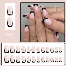 Black-edge French Square Fake Nails, Medium Long Fake Nails Glossy,Glossy Fake Nails with Glue, Comfortable Fit Stick on Nails,Long Lasting Full Cover French Tip for Women and Girls Nail Manicure