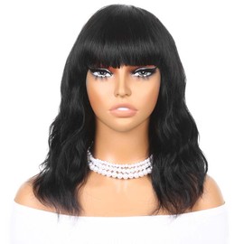 Lady Hanne Human Hair Wigs Natural Wave Human Hair Wig with Bangs for Black Women 14 inches None Lace Front Wear and Go Glueless Human Hair Wig