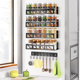 SMRCAD Magnetic Spice Rack Organizer for Fridge Seasoning Organizer for Kitchen storage with Screw or Adhesive Hanging,Magnetic Shelf with Hook for Refrigerator and Oven (Black -1 & 4 Racks& 1 Hook)