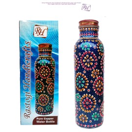 Set of 2 Pure Copper Hand Painted Water Bottle Ayurveda Health Home Kitchen Sports Daily Use Small Red + Blue