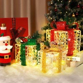 Set of 3 Christmas Lighted Gift Boxes, Christmas Decorations with Warm White Lights, Clear Acrylic with Bow Pine Cones, Christmas Decor for Home Outdoor Indoor(Classic)