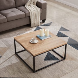 CENSI Natural Oak Coffee Table for Living Room, 30"x30" Square, Mid-Century Modern, Wood and Metal (Natural Oak)