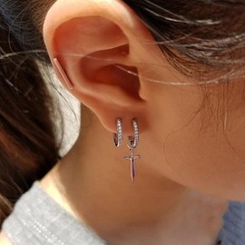 BSLVWG Hoop Cuff Earrings S925 Sterling Silver Dagger Earrings Cubic Zirconia Hypoallergenic Cartilage Earrings Huggie Ear Piercing Dangle for Women Girls Gift Valentine's Day, Sterling Silver