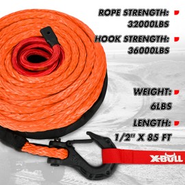 X-BULL Synthetic Winch Rope - Cable Kit -1/2" X 85ft 32000LBS Winch Line with Protective Sleeve Forged Winch Hook Safety Pull Strap go for 4WD Off Road Vehicle Truck SUV ATV UTV-Orange
