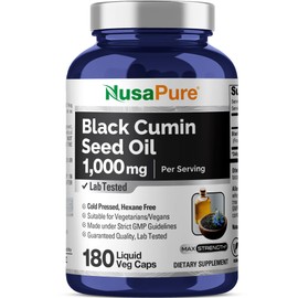 NusaPure Black Seed Oil 1,000 mg per Serving 180 Softgel Capsules (Non-GMO, Vegetarian) Cold-Pressed Virgin Nigella Sativa. Hexane Free