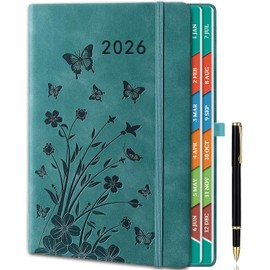 2026 Diary Day per Page, A5 Diary Page a Day January to December, Daily & Monthly Planner with Colorful Monthly Tabs, Floral Design, Elastic Pen Holder, 2 Bookmarks, Pen Loop & Inner Pocket, Teal.