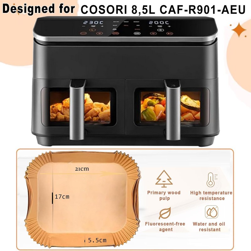 VIKKI 100 Stück Airfryer Backpapier für Heißluftfritteuse COSORI 8,5L, Rechteckig
