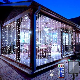Solar Curtain Lights Outdoor Garden 300 LED Fairy String Lights 8 Modes Remote Control Waterproof Solar Waterfall Lights for Gazebo Patio Party Home Festival Wedding Wall Christmas Decorations(White)
