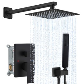 YCAIKOI Matte Black Shower System Wall Mount Shower Faucet Set for Bathroom 10 Inch High Pressure Luxury Shower Head with Handheld, Rough-in Valve Body and Trim Included
