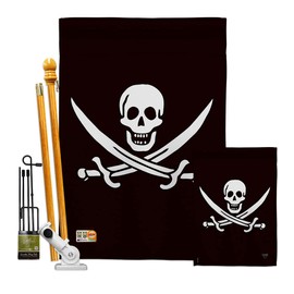 Breeze Decor Calico Jack Rackham Kit Coastal Pirate Ship Skull Treasure Map Carribean Jolly Blackbeard Decoration Banner Small Yard Gift Double-Sided, House & Garden Flags Set w/Flagpole, Made in USA
