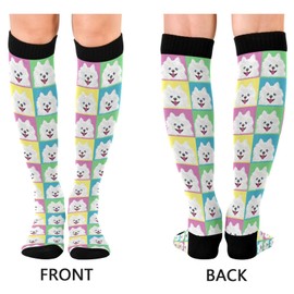 Pigsaly Pomeranian Dog Women's Compression Socks Colorful Plaid Athletic Tube Sock Unisex Casual Knee High Socks Outdoor Sport Socks For Running Hiking Travel