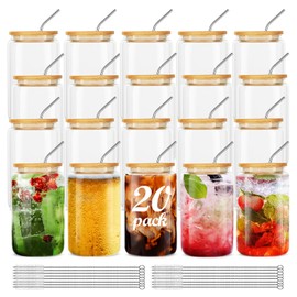 ASKIZ [20Pcs Set] Glass Cups With Bamboo Lids And Straws,16Oz Glass Water Bottles Glass Jars Cups Drinking Glasses, Beer Glasses Ice Coffee Glasses For Juicing Coffee Soda Tea