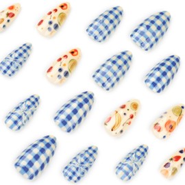 Medium Almond Press on Nails Aesthetic Cute Fake Nails False Nails with Fruit Cherry Strawberry Designs Blue Bow Checkerboard Glue on Nails Summer Stick on Nails for Women Girls 24Pcs