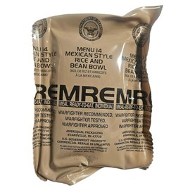 Genuine USGI Individual MRE [Meal, Ready to Eat] Inspection Date 01/2024 or Newer - You Choose Menu - Complete Ration with Entree, Snacks, Dessert, Drink Mix, Utensils, Condiments and FRH. (#14 [New] Mexican Rice and Bean Bowl)