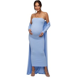 PinkBlush Light Blue Ribbed Sleeveless Dress Cardigan Maternity Set