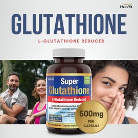 Herba Glutathione Supplement 500mg - 60 Vegetable Capsules | L Glutathione Reduced Active Form | Super Glutathione 500mg Capsule for Antioxidants | >98.5% Purity | Made in Canada