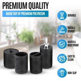 KRALIX Arabesque 4-Piece Bathroom Accessory Set, includes Lotion Soap Dispenser, Cotton Ball Jar, Tumbler and Toothbrush Holder, Embossed Black