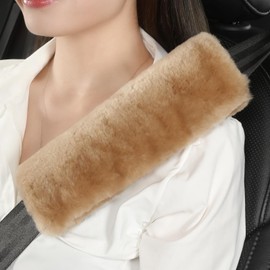AOGELAN Fluffy Fuzzy Genuine Sheepskin Car Seat Belt Covers for Soft Auto Lambswool Seatbelt Pads, Shoulder Strap Cushion Adults Kids (2, Light Brown)