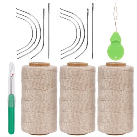 Lusecarl Needle and Thread for Hair Extensions 3 Rolls Hair Weave Sewing Threads with 10 Pcs C J I Shape Curved Upholstery Needles for Hand Sewing, Hair Extensions, Making Wigs DIY (10+3, Blond)